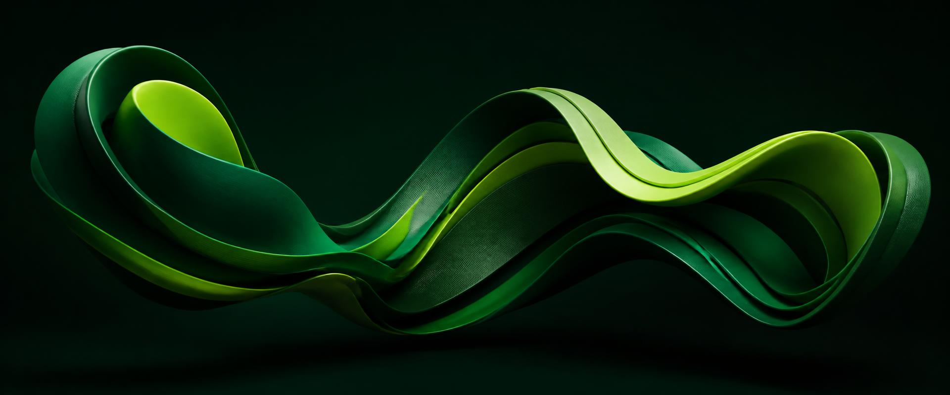 Escultura abstracta de ondas de sonido en verdes lima y esmeralda